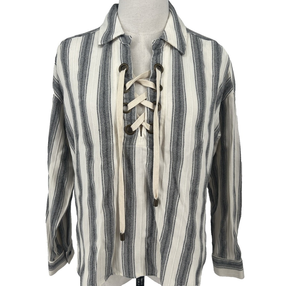 Maven West Women's SMALL Ivory Gray Striped Lace Up Wool Blend Shirt USA